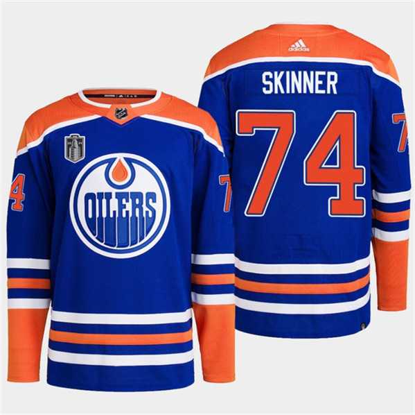 Men%27s Edmonton Oilers #74 Stuart Skinner Royal 2024 Stanley Cup Final Patch Stitched Jersey Dzhi